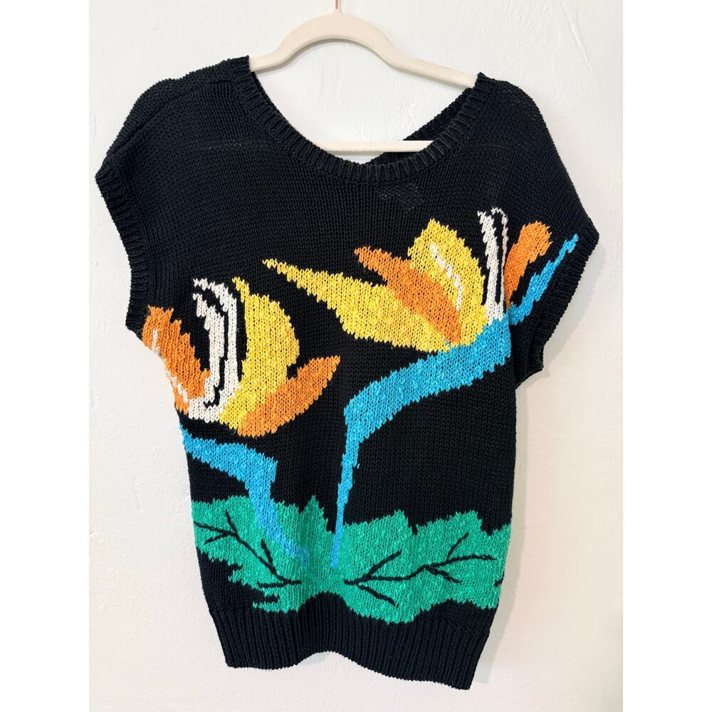Vintage P’Galli Tropical Bird Knit Sweater Top Ramie Cotton Black Size L
